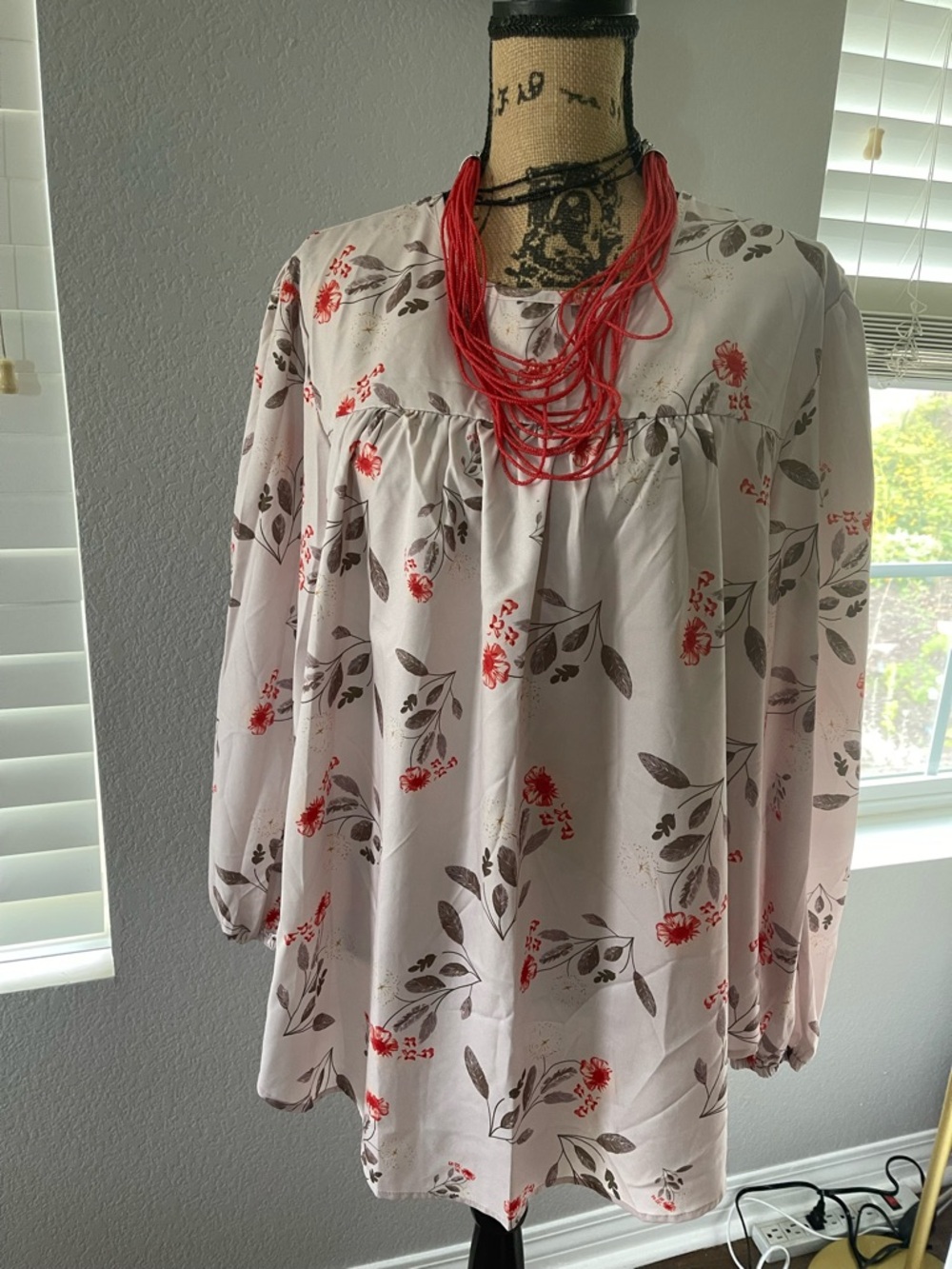 Floral Peasant Blouse in Soft Pink with Red Accents